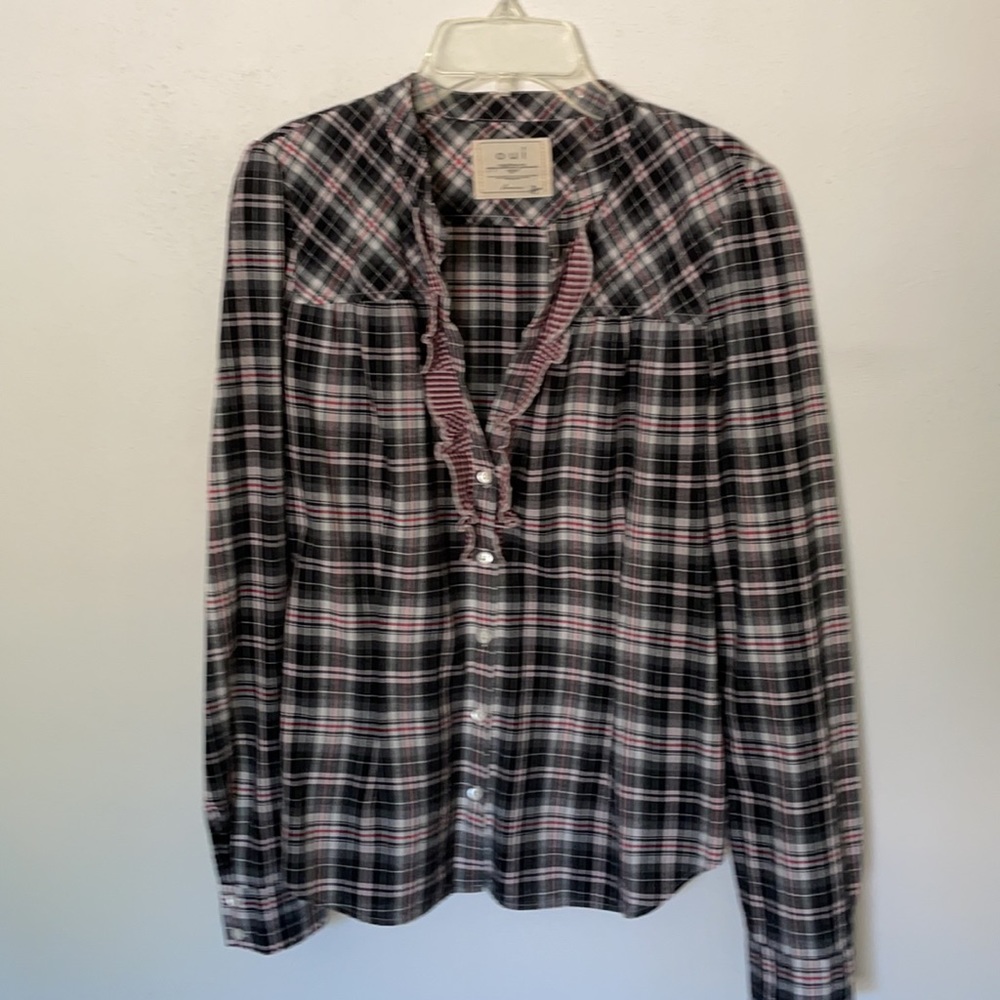 OUI Cotton Plaid Ruffle Blouse Sz 8 EUC